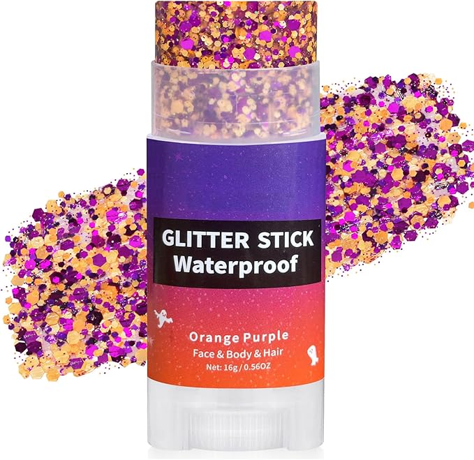 Halloween Purple Orange Hair Glitter Stick,Orange and Purple Body Face Glitter Hair Accessories for Kids,Waterproof Cosplay Chunky Glitter Makeup Sequins Body Paint