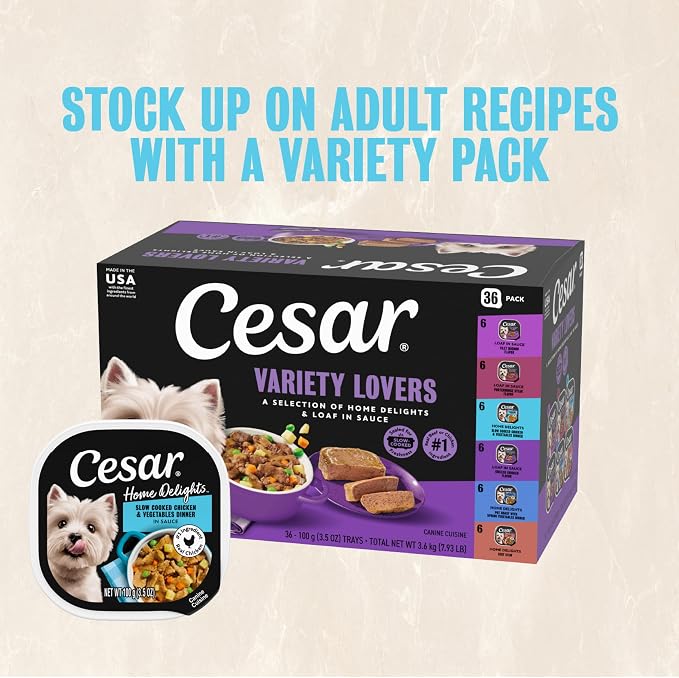 Cesar Loaf and Delights Wet Dog Food, Variety Lovers Pack, 3.5 oz, 36 Count | Real beef or chicken #1 ingredient, no fillers or artificial flavors, easy to digest, slow-cooked, easy-peel trays