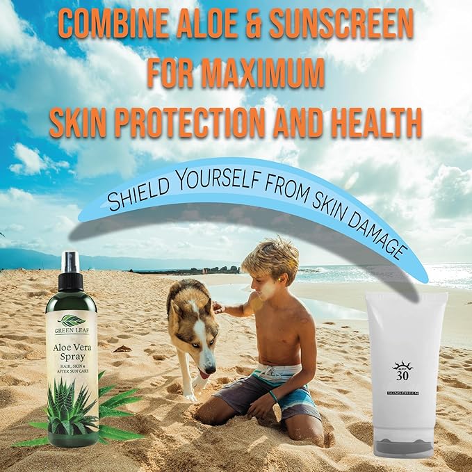 Green Leaf Naturals Aloe Vera Spray | 99% Cold-Pressed Aloe Vera Juice with Vitamin C, E & A | Hair, Skin, Facial Moisturizer, Sunburn Relief & After Sun Lotion 12oz