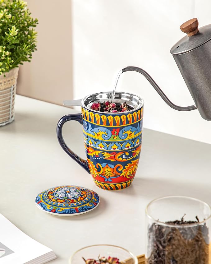 vancasso Ceramic Tea Cup with Infuser and Lid, 18 Ounce Tea Infuser Mug for Loose Leaf Tea, Microwave & Dishwasher Safe, Bohemian Mandala, Gift for Tea Lovers, Midnight Peacock