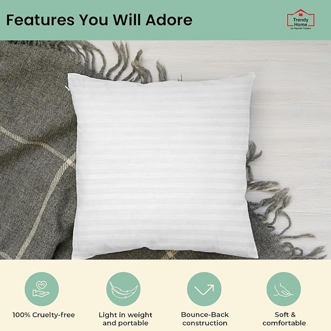 Trendy Home 16x16 Throw Pillow Insert (Set of 2, White) Bed and Couch Pillows Stuffer Hypoallergenic, Decorative Home Outdoor Sofa Pillow Filler (Machine Wash, 2 Pack)