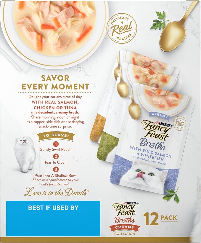 Purina Fancy Feast Broths Creamy Wet Cat Food, 1.4 oz, 12 Pouches | Variety Pack with lickable broth topper. Contain no by-products, artificial flavors, colors or preservatives