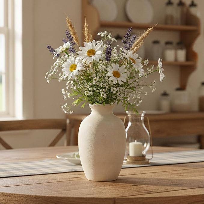 Ceramic Vintage Flower Vase Home Decor, 8.38" Rustic Terracotta, Antique Vase for Table, Living Room, Shelf, Mantel Decoration, Farmhouse- Grayish White