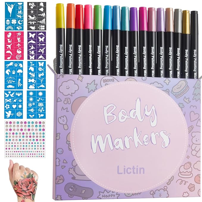 Lictin Temporary Tattoo Markers for Skin, 16 Colors Dual-End Skin Tattoo Pens with 80 Tattoo Stencils, Matte & Metallic Body Markers for Kids Teens and Adults, Flexible Brush Tip, Cosmetic-Grade