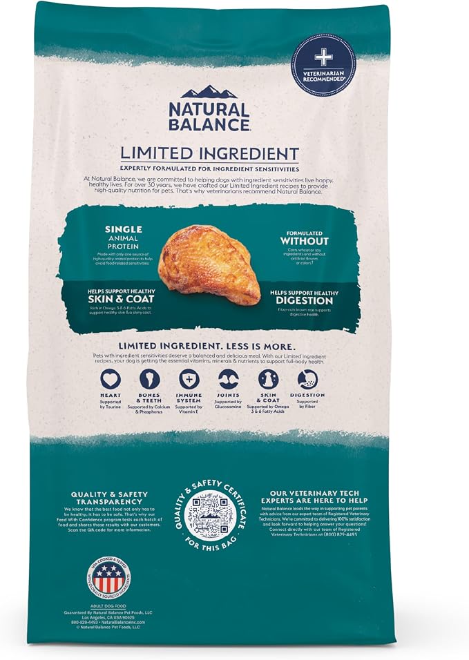 Natural Balance Limited Ingredient, Chicken & Brown Rice, 4 lb | Dry Dog Food with Wholesome Grains, Balanced Nutrition for Adult Dogs with Sensitivities, Skin and Stomach Support