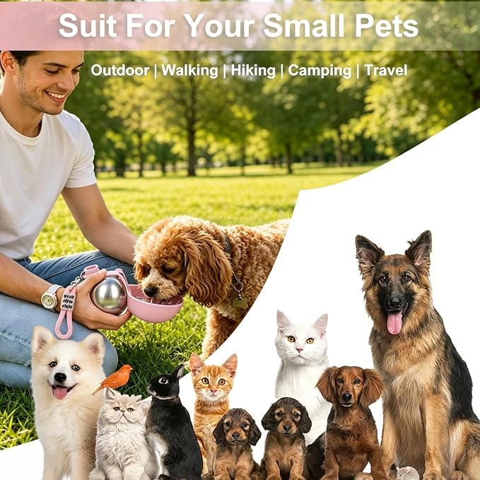 Dog Water Bottle Portable, 2in1 Round Dog Water Bowl Stainless Steel 10oz