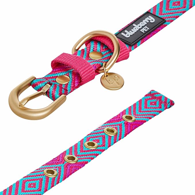 Blueberry Pet Southwestern Tribal Lozenges French Pink Adjustable Dog Collar with Metal Buckle, Neck 19.5-26", for Large Breed