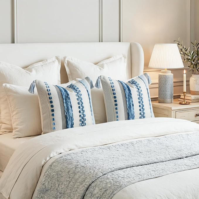 PANOD Chenille Farmhouse Throw Pillow Covers 18 x 18 Blue, Neutral Boucle Couch Pillow Cover, Striped Decorative Boho Coushion Cover Pillow Case for Couch Bed Sofa Bedroom,Modern Accent,Set of 2
