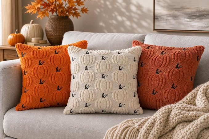 Fall Pumpkin Decorative Pillow Covers 18"x18" Set of 2, Beige Soft Plush Faux Fur Throw Cushion Cases for Autumn Thanksgiving Holiday Home Decorations