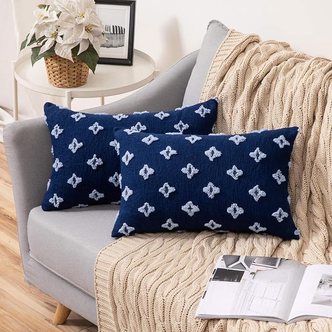 Pack of 2 Flower Tufted Throw Pillows Embroidered Flowers 3 Size and Color Options Come with Inserts (Navy, 12"x20" with Insert)