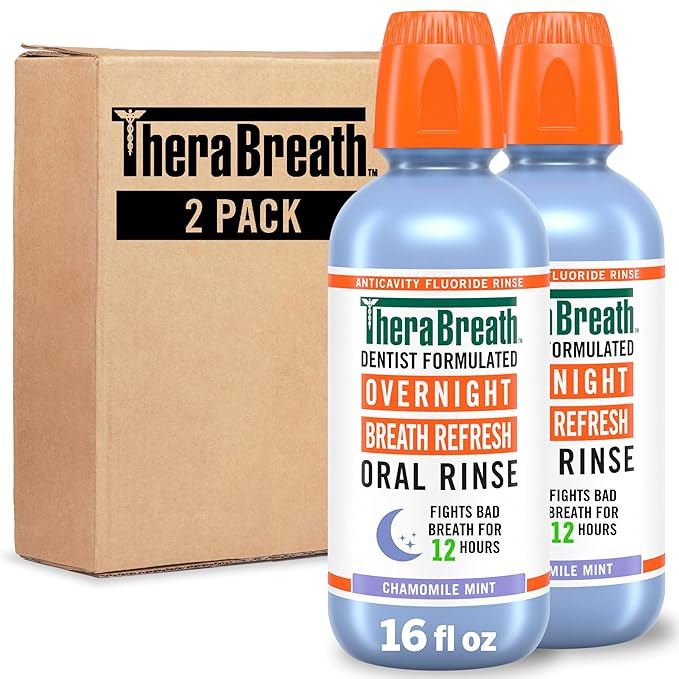 TheraBreath Overnight Mouthwash, Fights Bad Breath for 12 Hours, Chamomile Mint Flavor, Dentist Formulated, Fluoride Rinse, Alcohol Free, 16 fl oz (Pack of 2)