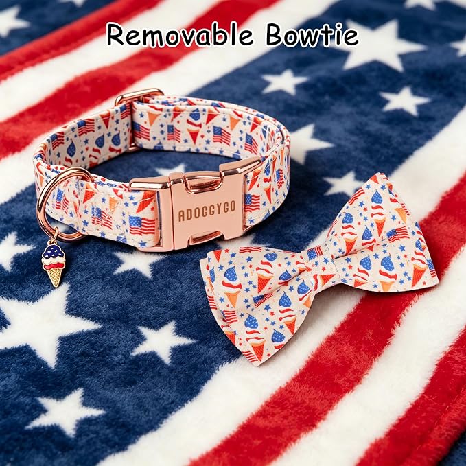 ADOGGYGO Patriotic Dog Collar with Bow Tie, Detachable Ice Cream Print Bowtie, Adjustable 4th of July Collar for Extra Small Dogs (XS)