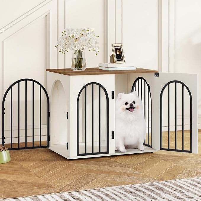 Hzuaneri 26.8'' Dog Crate Furniture,Dog Kennel Indoor for Small Dogs | Dog Kennel Furniture Wooden Dog Cage Heavy Duty Dog Crate Decorative Pet House End Side Table TV Stand,White Brown DFC85514B