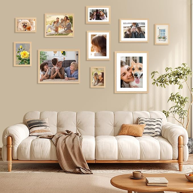 8x10 Picture Frame Bulk-6 Pack, Photo Frame with HD Plexiglass, Display Pictures 5x7 with Mat or 8x10 Without Mat, Natural Picture Frames Collage Wall Decor, Wall & Tabletop Picture Frames