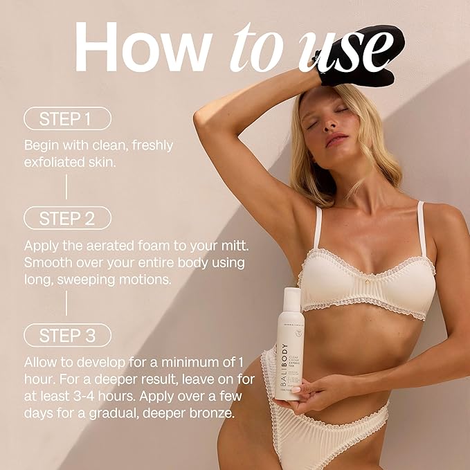 BALI BODY Clear 1 Hour Express Self Tanner โ Fast-Acting, Weightless Self Tanner for Natural Bronze โ No-Transfer, Hydrating Quick Tan Mousse for Smooth, Radiant Skin