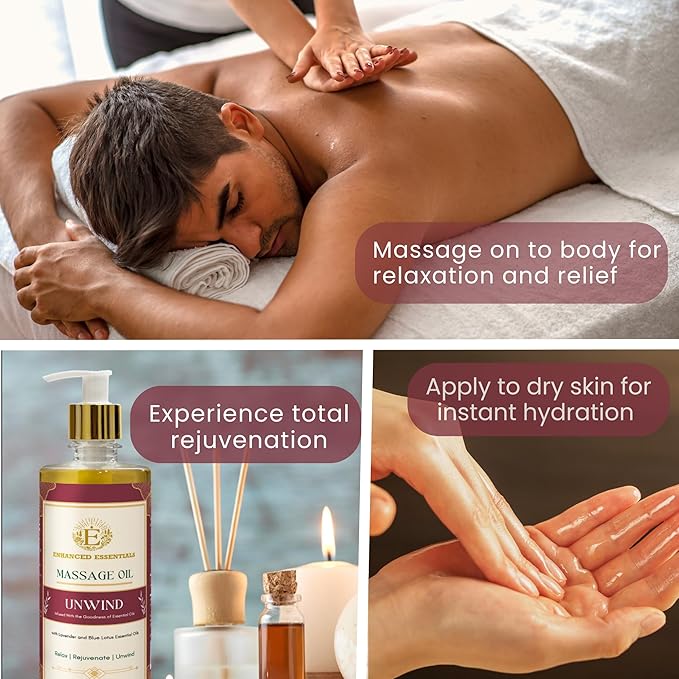Luxurious Massage Oil with Rosehip,Apricot & Vitamin E by Enhanced Essentials|Scented with Pure Essential Oils only|Silky, Fast-Absorbing,Relaxing Formula|Non-Greasy & Nourishing|500ml (16.9 fl oz)