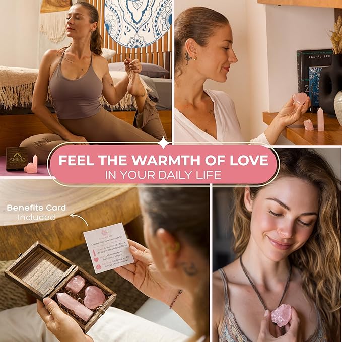 Anima Premium Rose Quartz Crystal Set for Love, Healing & Harmony – Authentic Madagascar Rose Quartz Heart Stone, Tower & Raw Crystal Presented in Elegant Wooden Gift Box – Responsibly Sourced