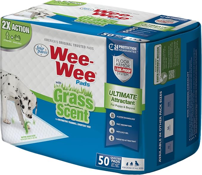 Four Paws Wee-Wee Ultimate Attractant Dog Pee Pads for Instinctive Training, Leak-Proof Floor Protection Dog & Puppy Quilted Potty Training Pads, Grass Scent, 22" x 23" (50 Count) | Smells like real grass, leak-proof puppy pads, dog housebreaking & pot...