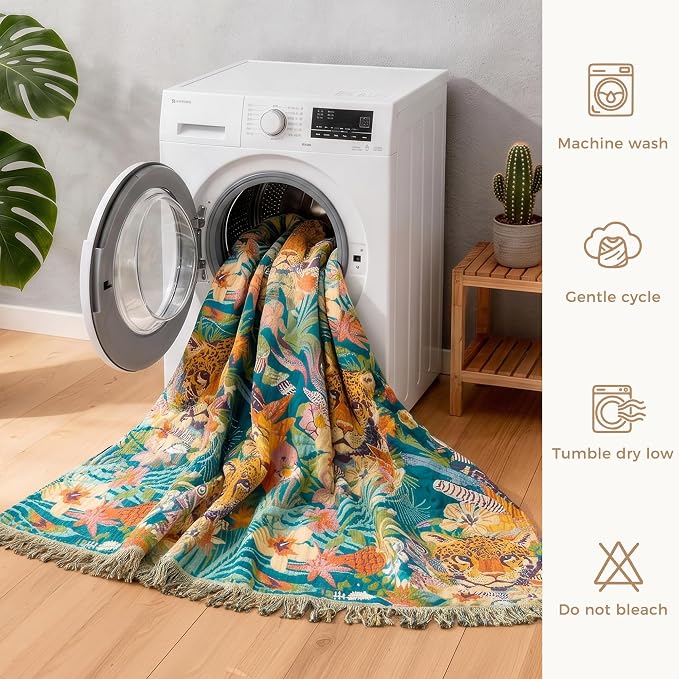 LUTBM Boho Throw Blanket for Bed 60"x80", All Season Cotton Couch Blankets | Reversible Leopard Jacquard, Gauze Twin Quilt, For Chair Sofa Living Room, Lightweight & Breathable, Whimsical Home Decor