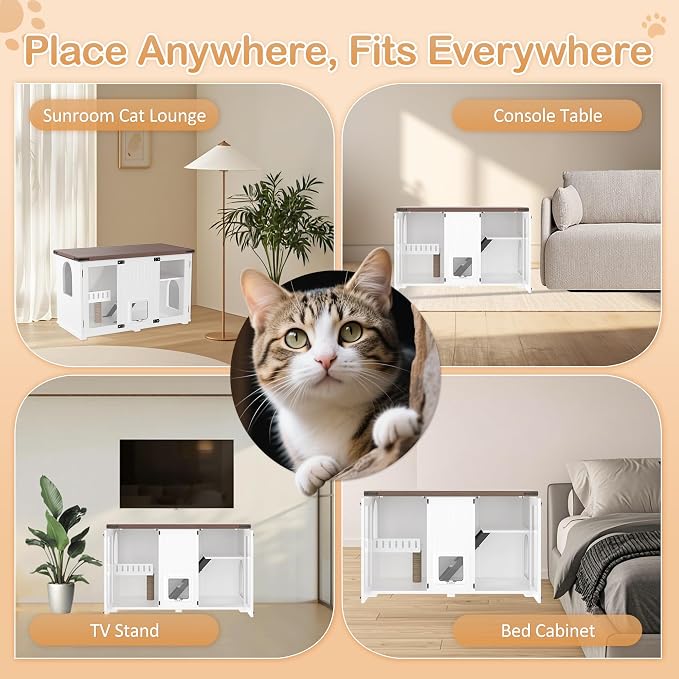47.25 Inch Multi-Functional Hidden Cat Litter Box Enclosure with Smart Door & LED Light, Modern Cat House with Scratching Post & Stairs, Can be Used as Side Table/TV Stand - White