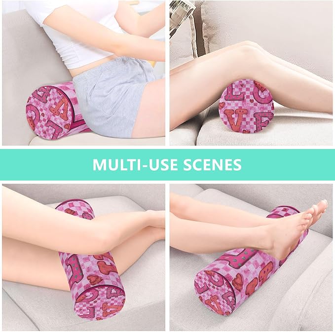 Pink Checkered Valentine Love Hearts Neck Roll Pillow Bolster Round Health Memory Foam Long Cervical Cylinder Pillows with Removable Washable Cover for Body Bed Legs Back Yoga