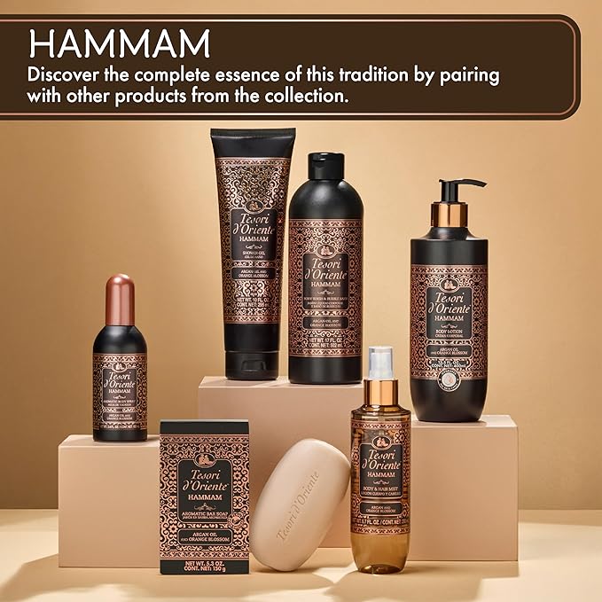 Tesori d’Oriente Hammam Shower Gel, 10 fl oz, Gentle, Hydrating Body Wash with Argan Oil & Vitamin E, Warm Orange Blossom Scented, No Silicones, Parabens & Mineral Oil