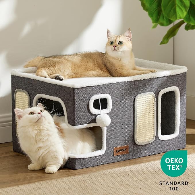 ZOMISIA Extra-Wide Cat House for Indoor Cats - Large Cat House for Pet with Fluffy Ball Hanging and Scratch Pad, Foldable Cat Hideaway for Multi Cats, 23x16.5x13 inches, Grey