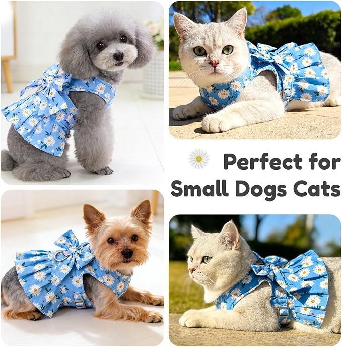 BAEJMJK Dog Dress Bowknot Harness Leash Set for Small Dogs Cats Daisy Floral Girl Dog Dresses Cute Puppy Princess Clothes Pet Doggy Outfits Spring Summer Breathable Dresses(Blue,Medium)