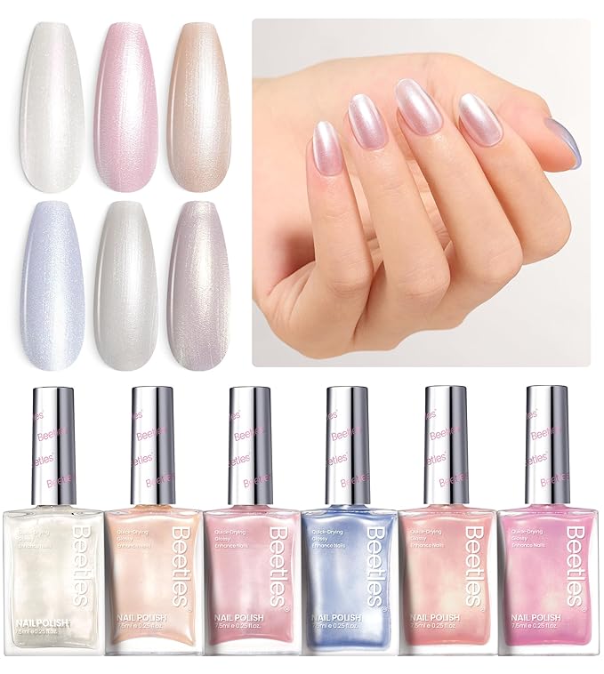 Beetles Pearl Nail Polish Set 6 Colors 15 ML Quick-drying Shimmer Glitter Pearl White Pink Blue Mermaid Nail Polish Kit, Spring Pastel Iridescent DIY Manicure Gift for Women