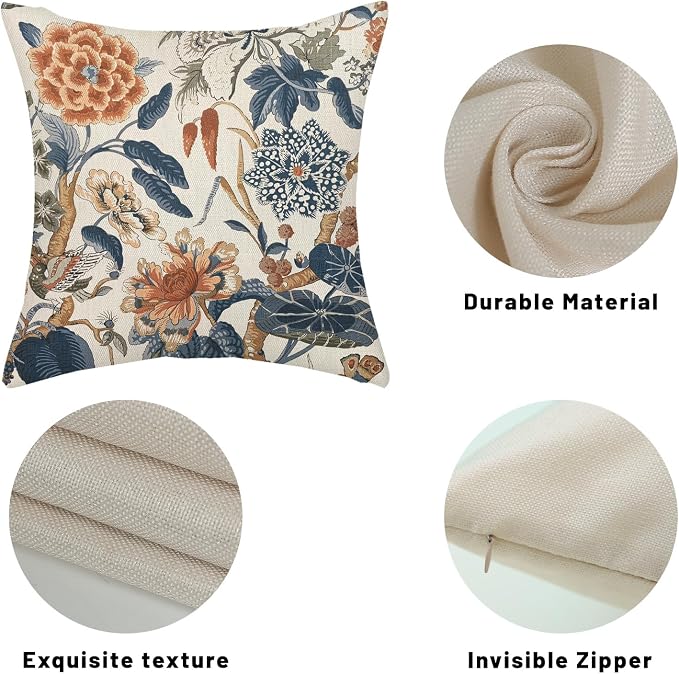 Navy Blue Orange Pillow Covers 16x16 Inch Set of 2 Vintage Blue Floral Throw Pillows Chinoiserie Flower Decorative Pillow Case Outdoor Linen Farmhouse Cushion Cover for Couch Sofa Decorations