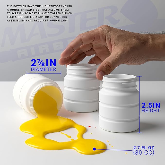 Master Airbrush (Pack of 10) TB-005 Empty 2.7-Ounce (80cc) Plastic Jar Bottles with 60° Down Angle Adaptor Lid Assembly - Fits Single-Action Siphon Feed Airbrushes, Use on Master Badger Paasche Iwata