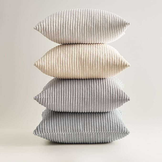 Topfinel 4 Packs Neutral Decorative Throw Pillows Covers 26x26 Inch for Living Room Couch Bed Sofa, Rustic Farmhouse Boho Neutral Home Decor, Soft Plush Striped Corduroy Square Cushion Case 65x65 cm