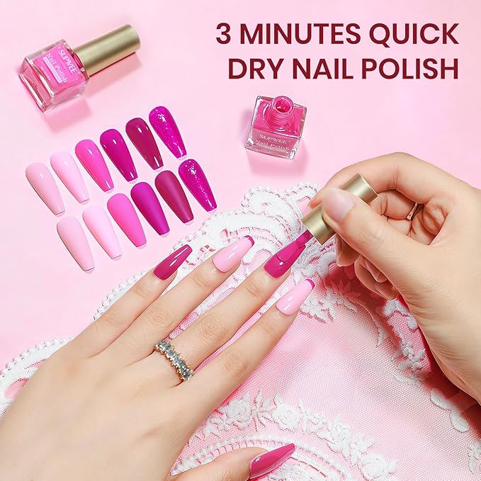 Hot Pink Nail Polish Set, Quick Dry Spring Summer Regular Nail Polish Neon Pink Glitter Fingernail Polish Natural Neutral Nail Lacquer High Glossy Nail Manicure DIY Salon Gift for Women Girl