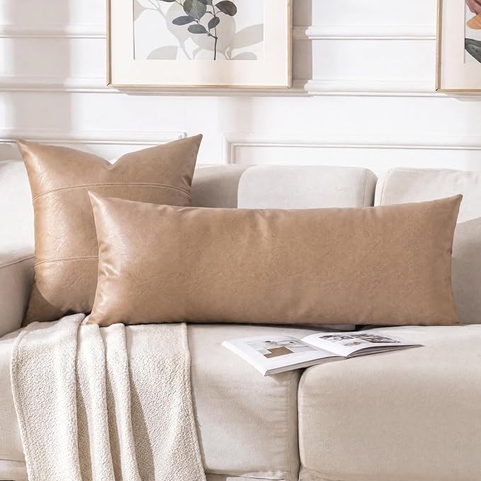 Fancy Homi Tan Long Lumbar Faux Leather Body Decorative Throw Pillow Cover 14x36 Inch for Bedroom Couch Bed Bench, Thick Beige Solid Rectangular Waterproof Cushion Case, Boho Farmhouse Room Decor