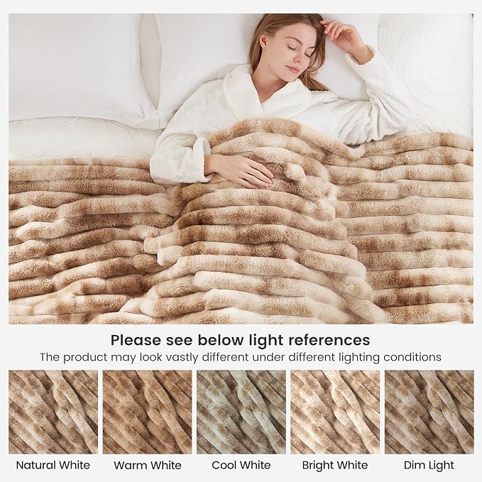 Cozy Bliss Faux Fur Throw Blanket for Couch, Cozy Warm Plush Striped Blanket for Sofa Bedroom Living Room, 50 * 60 Inches Tie-dye Khaki
