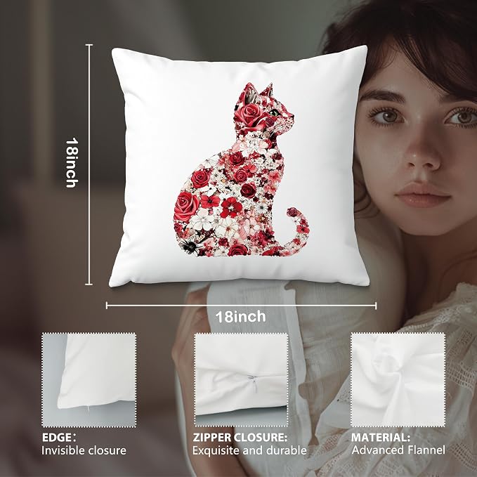 Red and White Floral Cat Pillow Covers 18x18, Gifts for Cat Lovers Mom Lady Owners, Elegant Kitten Kitty Decorative Pillow Covers for Home Bedroom Living Room Decor, Pet Lover Gifts