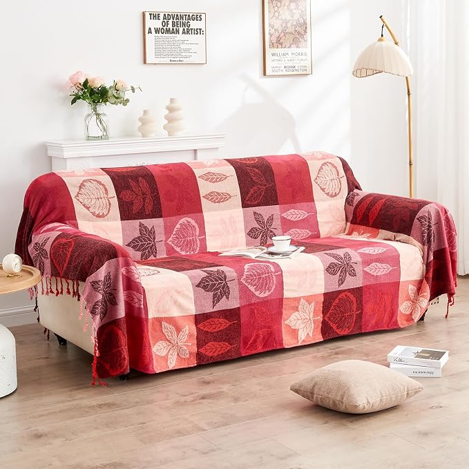 Bohemian Chenille Jacquard Tassel Throws - Reversible Red&Pink Maple Leaf Design for Boho Hippie Vibes - Oversized Blankets for Large Couch, Furniture, Sofa, Chair…