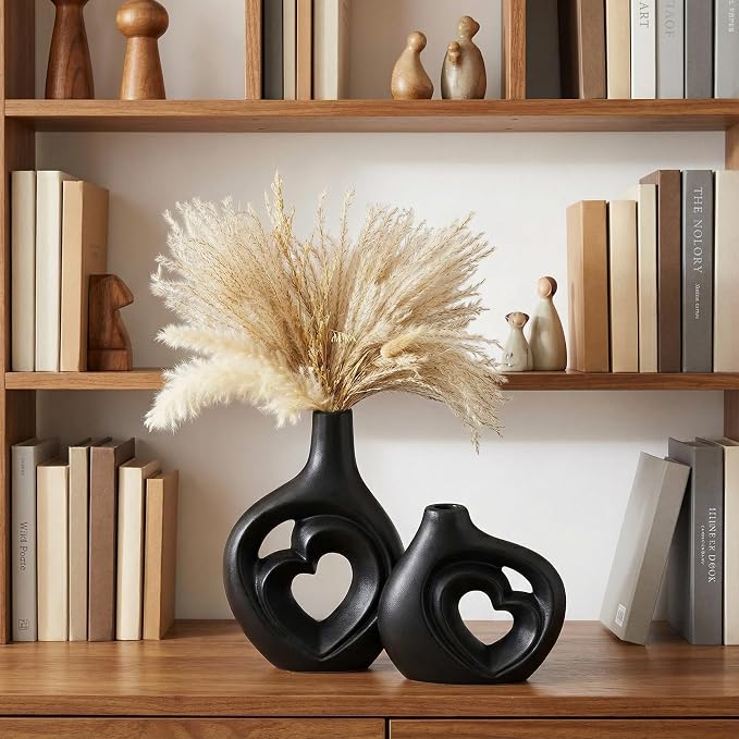 Matte Black Heart Shaped Hollow Ceramic Vase Set of 2 | Modern Minimalism Styles, Mid Century Nordic Aesthetic, Home Table Decor, 8.5in