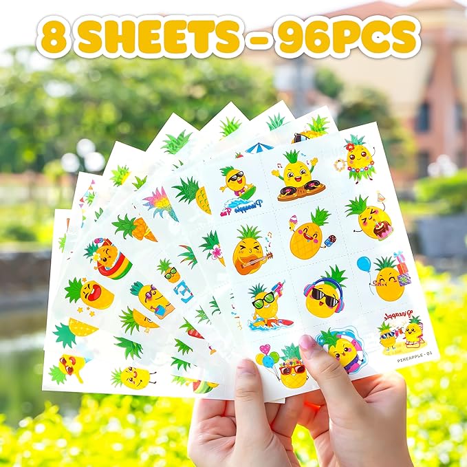 96PCS Pineapple Pre-Cut Temporary Tattoos for Kids | Super Cute Themed Birthday Party Favors, Supplies, Decorations, Cute Funny Fruit Fake Tattoo Stickers, School Rewards Prizes & Gifts For Boys Girls