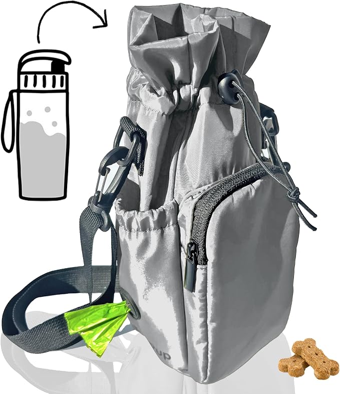 Waterproof Dog Walking Bag with Universal Water Bottle Holder, Built in Poop Bag Dispenser, Unisex Cross Body Treat Pouch for Hiking Training Sport (Gray)
