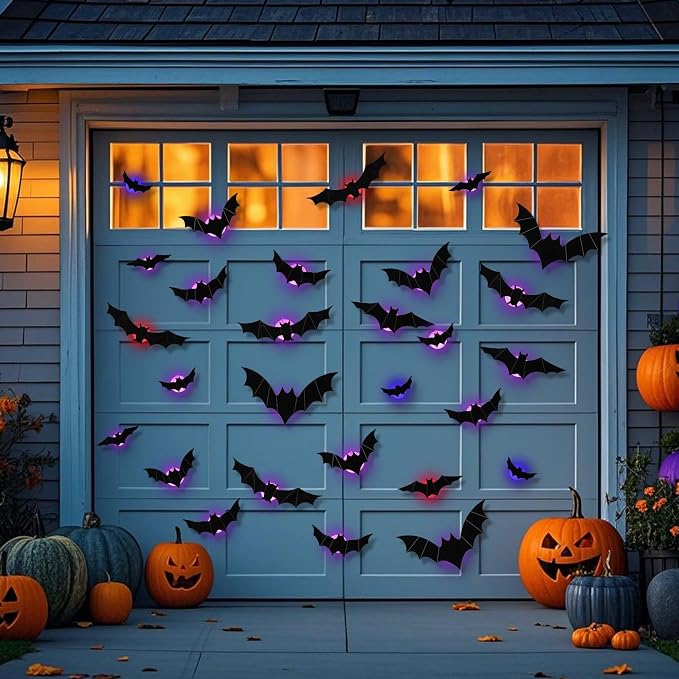 DR.DUDU 36 Pack Halloween Bats Wall Decor Halloween Decorations Indoor | Light Up Flashing Modes, Assorted Size, 3D Bat Stickers, for Bedroom Party Walls Bathroom Mirrors Garages Door