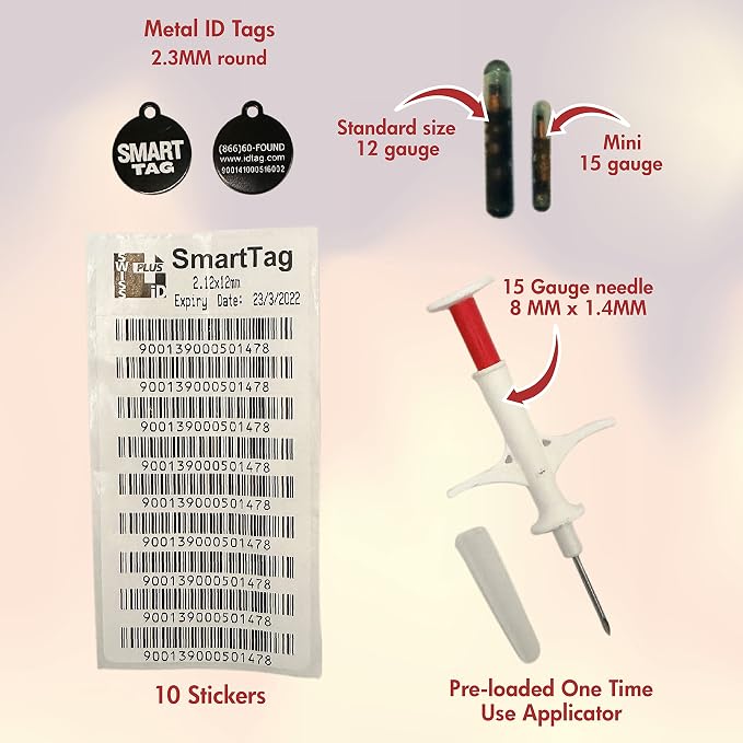 Mini ISO Data Microchip with Lifetime Pet Recovery Service/24-7 US Call Center/Free Registration, Implanter & Metal ID Tag for Dogs, Cats & All Animals, 15 Gauge/25 Pack