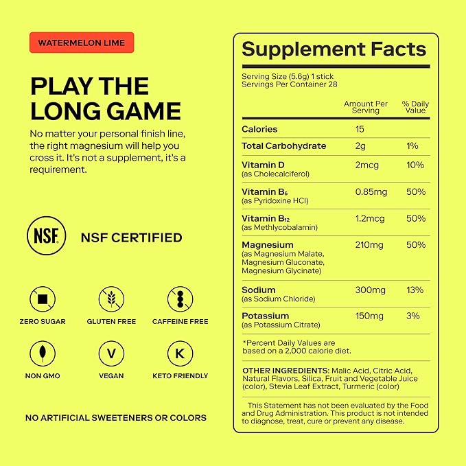 MAGNA Electrolytes Powder Drink Mix for Hydration, Energy & Focus Support with Magnesium L Threonate, Sodium, Potassium, Vitamin D, B6 & B12, Sugar Free, Watermelon Lime Flavor, 28 Servings