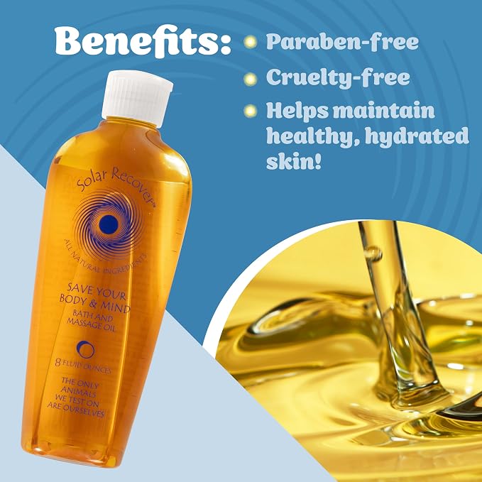 Solar Recover – All Natural Bath & Massage Oil with Lavender, Calendula & Vitamin E – 8 fl oz of Relaxing Aromatherapy Body Oil for Dry Skin, Stress Relief & Muscle Recovery – Save Yur Body & Mind