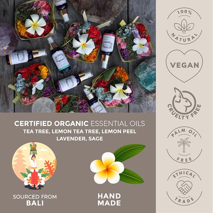 BALIPURA - Space Clearing Healing Aura Crystal Spray - Black Tourmaline & Selenite Crystals - Tea Tree, Lavender & Clary Sage Organic Essential Oils Blends - Handmade in Bali - 3.4 fl.oz