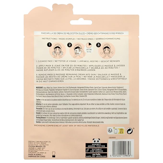 Oh K! Cream Sheet Mask - Sweet Peach - Korean Face Mask Sheet - Facial Skin Care Products - Clean Korean Skincare - Hydrating Face Sheets - 1 Pc
