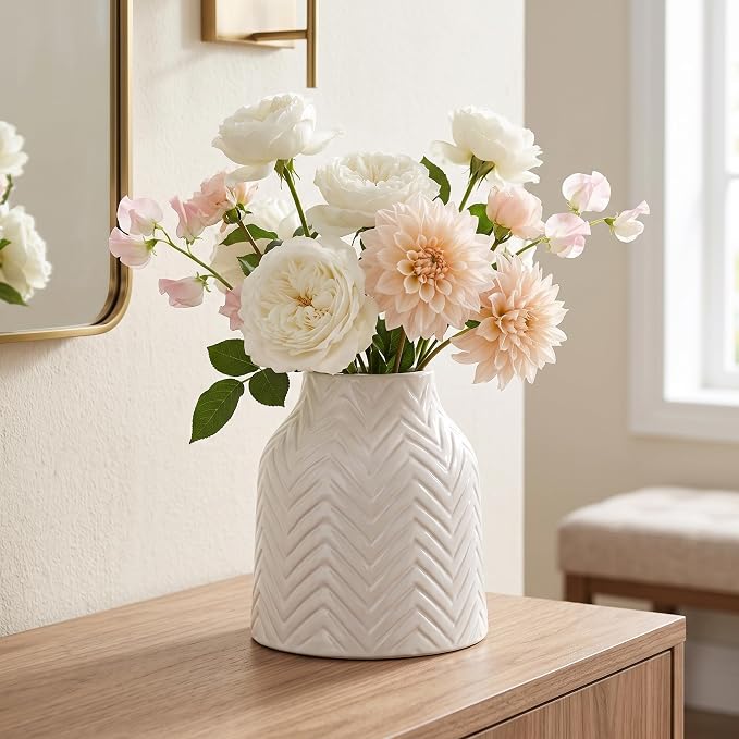 hjn White Vase for Flowers Ceramic Vase for Decor, Modern Decorative Vase, Vases for Your Kitchen/Office/Living Room/Bookshelf/Mantel - White Texture(Small)