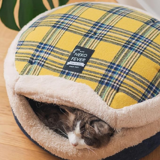 Cat Bed Cave - Enclosed Hideaway with Detachable Lid & Mat for Kitten (Redwhite) | Covered round house, Removable top, Separate liner, Cozy privacy nook, Apartment-friendly shelter, Easy cleaning setup