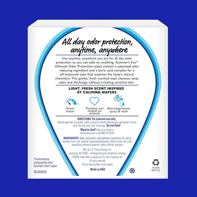 Summer's Eve Ultimate Odor Protection Daily Feminine Wipes, Gentle pH-Balanced Formula with Boric Acid Cleanses & Removes Vaginal Odor, Individually Wrapped Body Wipes, 12 Count (Pack of 2)