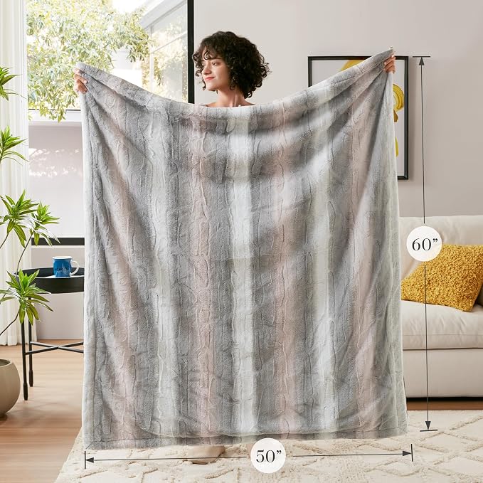Madison Park Zuri Faux Fur Reversible Throw Blanket, 50 x 60 in, Blush/Grey | Oversized Soft Plush, Luxury, Animal Stripes, Mink Reverse, Modern, All Season, for Bed Sofa Couch, OEKO-TEX Certified